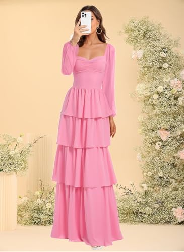Dessiny Long Sleeves Tiered Bridesmaid Dresses 2025 for Women Flowy Chiffon Formal Evening Dress DE5133
