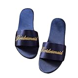 Onsoyours Damen Bestickte Hochzeit Brautjungfer Hausschuhe Hochzeit Satin Hausschuhe Brautbademantel Passende Flip Flop Peep Toe Freizeitschuhe Pantoffeln Latschen B Dunkelblau 39 EU