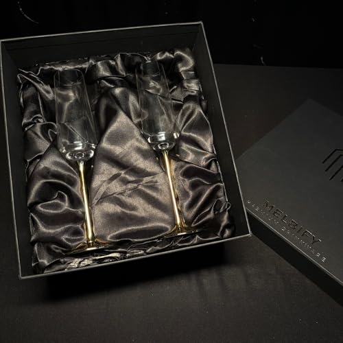 Image of Melbify Gold Stem Champagne Flutes Glasses Gift Set | 300 ML| Set of 2 | | Elegant Box | Ultra-Premium | Red & White Wine & Champagne Glass | Ideal for Wedding,Couple,Anniversary | Gift Set