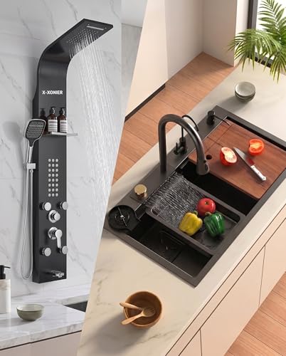 Image of X-XONIER 304 Grade Stainless Steel 6 In 1 Shower panel and All in One Sink Combo Multifunction Handheld Mist Spray Temperature Display (black)