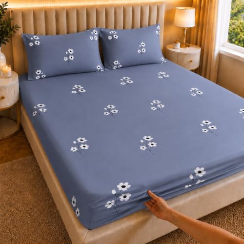 Image of Castiqa Elastic Fitted Supersoft Premium Polycotton 200TC King Size Bedsheets with 2 Pillow Covers | No Slip Bedsheet | Gray Sm Floral, King (72x78 Upto 10 inch Mattress)