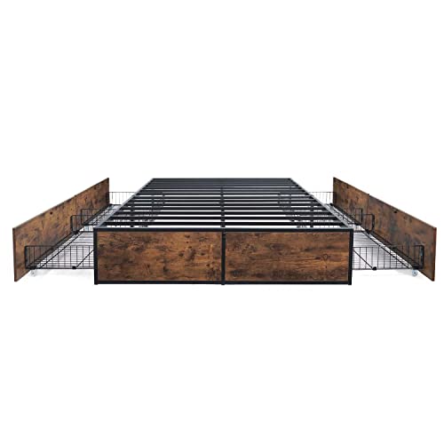 Caphaus Industrial Metal Storage Bed Frame With 4 Drawers, Space Saving Platform Bed Frame, Mattress Foundation With Metal Slat Support, Noise-Free, No Box Spring Needed, Full Size, Rustic Oak #TOP7