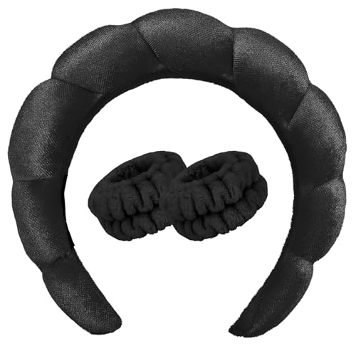 CAVETEE Makeup Headband for Girls Spa Party Favor, Spa Party Decorations Bubble Headband Thick Sponge Headband with Strong Water Absorption for Makeup Removal Skincare Shower (Black)