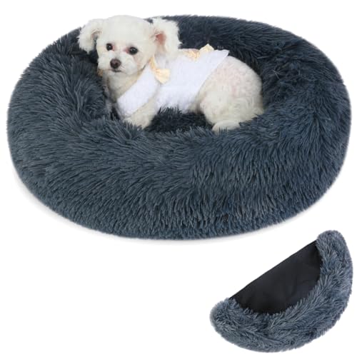 Belababy Donut Dog Bed with Removable Cover, Washable Anti Anxiety Dog Cat Bed for Small Medium Dogs, Calming Pet Puppy Bed and Fluffy Plush Cuddler with Anti-Slip Bottom, Dark Grey, 50cm