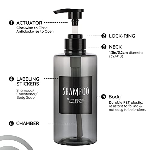 Image of Refillable Shampoo Bottles, Segbeauty 16.9oz Shampoo Dispenser, 3pcs 500ml Empty Plastic Pump Bottle for Shower, Labeled Grey Large PET Lotion Dispenser with Pump Body Soap Conditioner Hotel Bathroom