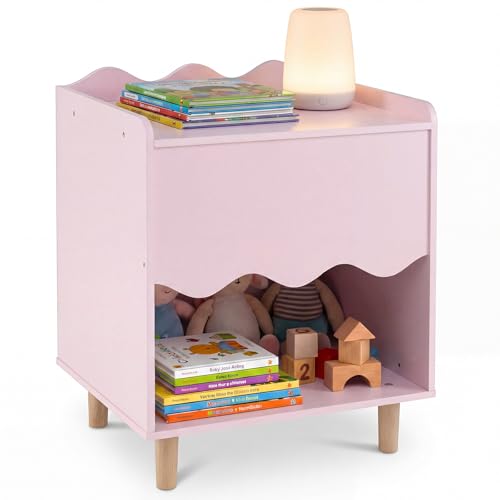 Costzon Nightstand Kids Scalloped Side Table w/Wide Top Large Storage Compartment & Solid Rubber Wood Legs Wooden End Table for Childrens Play Room Bedroom Living Room (Pink)
