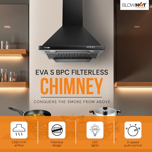 Image of BLOWHOT 60 cm 1200 m /h Airflow Kitchen Chimney, 3 Speed Push Control Filterless Technology, LED Lights, 10-Year Motor Warranty by Blowhot - EVA S BPC