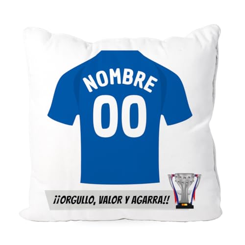 DEREGALOOS. Cojín Personalizado con Nombre y Número. Regalo Fútbol para Aficionados. Cojín Decorativo Estilo Camiseta. Fútbol Personalizado Segunda División (Oviedo, 40x40CM)