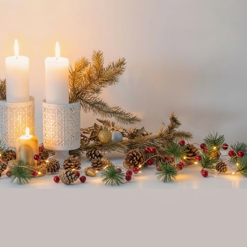 Christmas Garland with Lights - Pine Cone, Pine Needle, Bells and Red Berry Garland with Lights Christmas Decorations for Fireplace or Xmas Table Decorations - Indoor Pre Lit Xmas Decor