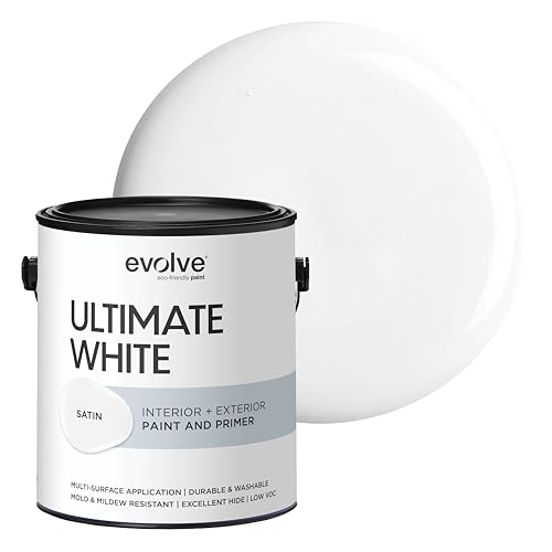 Ultimate White Paint & Primer in One, Satin White, 1 Gallon – Interior & Exterior, One-Coat Coverage, Excellent Hide, Low Odor, Low VOC, Washable Paint for Walls, Ceilings & Trim