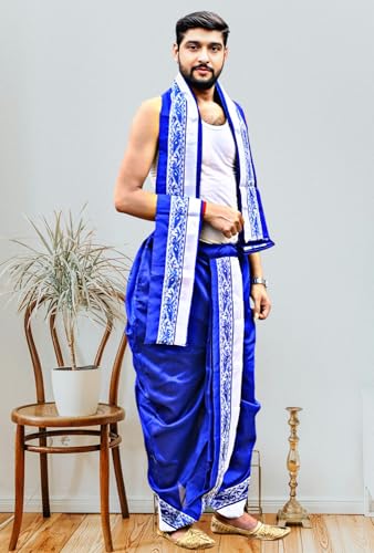 Image of Men's Ethnic | Traditional Ready to wear (Pant System) Readymade Panchakacham Dhoti With Angavastram(Towel) Set, Tassar Silk, Free Size (GC002)