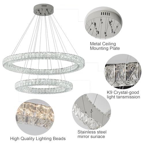 ROMYEAR Lustre de cristal moderno com 2 anéis redondos de LED para sala de estar, quarto, banheiro,