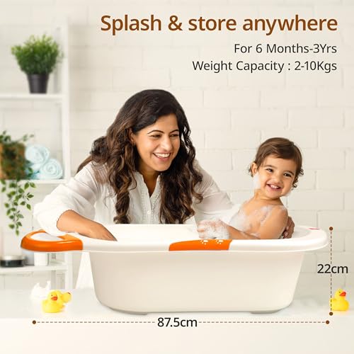 Image of LuvLap Bubble Baby Bath tub with Soft Curved Edges, 6 Months to 3 Years, Ergonomic &Spacious Baby Bathing tub, Bathing Essential, BPA Free Durable Material with Non-Slip Base(White &Orange)