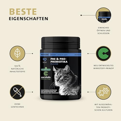 Peticare Katzen Präbiotika & Probiotika | Immunsystem stärken, Darmsanierung, Darmflora aufbauen | lindert Allergie-Anfälligkeit & Juckreiz | mit innovativem Corvitalis® Komplex - petCat Health 3501