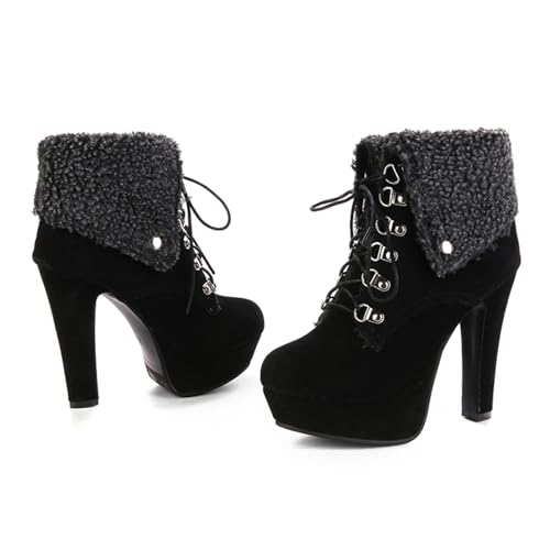 Bellirala Warm Snow Boot for Women Cute Fold Over Fur Ankle Booties Chunky Block High Heels Lace Up Platform Winter Short Boots2