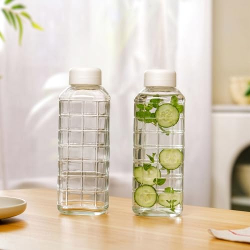 Image of Nestasia Glass Water Bottle Set of 2 (720ml Each) | Grid-Embossed Leakproof Glass Bottle Set with Cap for Juice, Milk, Detox Water, Office & Daily Use | Transparent & Durable Fridge Water Bottle