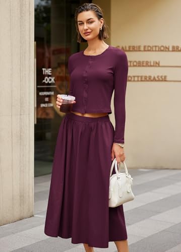 Image of Panadila Womens 2 Piece Lounge Sets Matching Vacation Outfits Ribbed Button Down Cardigan and Elastic Waist Skirt Sets