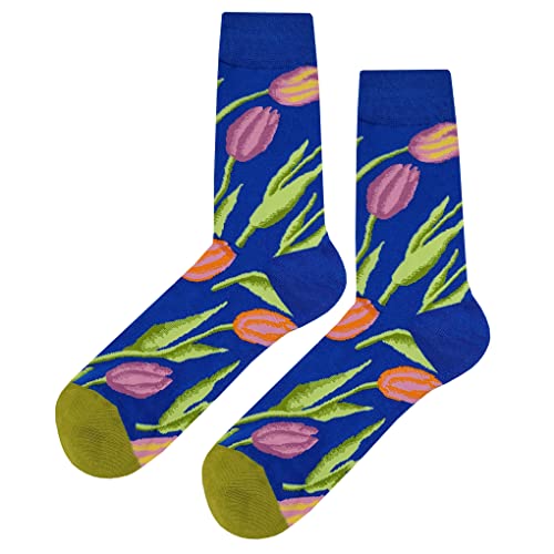 Blue Tulip Dress Socks Funny Novelty Crazy Fun Design Men Size 8-12 Cotton Casual Crew Colorful Funky Fancy Socks Gift for Men