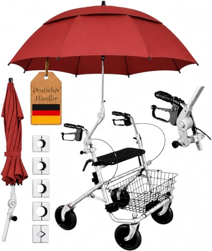 FabaCare Rollatorschirm Protektor 2.0 Air-Vent Modell 2026 (Doppeldachsystem) windstabiler Regenschirm & Sonnenschirm mit Halterung für Rollatoren passend für Rundrohre & Ovalrohre Rot