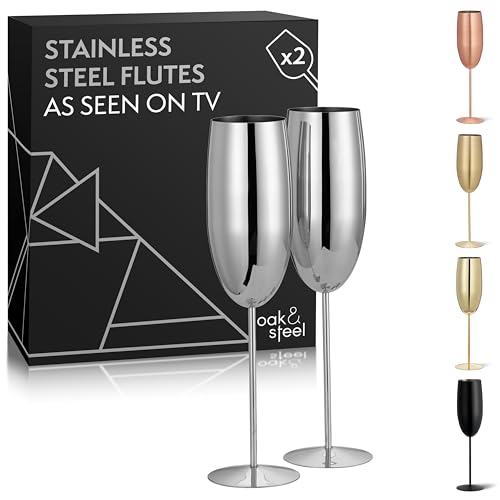 Oak & Steel - 2 Silver Champagne Flutes, 280ml - Stainless Steel Silver Prosecco Glasses with Gift Box