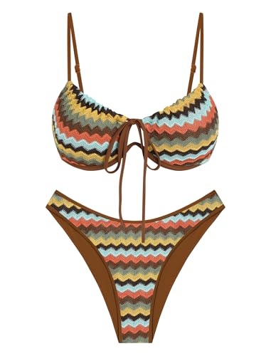 Image of ZAFUL Women High Cut Bikini Sets String Sexy Swimsuit Two Piece Underwire Bathing Suit Brazilian Cheeky Cut Out Cute Swimwear