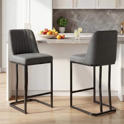 Image of LSSBOUGHT Counter Height Bar Stools Set of 2 24'' Upholstered Padded Barstools with Back Glam Kitchen Island Chairs with Black Metal Iron Frame (Gray,2pcs)