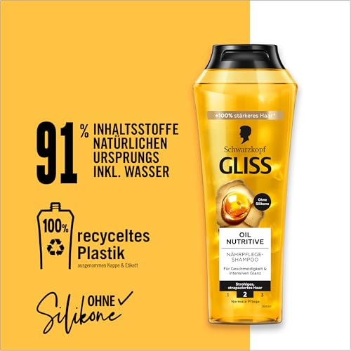 Gliss Shampoo Oil Nutritive (250 ml), Haarshampoo mit Omega 9 & Marula-Öl, Pflegeshampoo für strohiges Haar & strapaziertes Haar sorgt für Geschmeidigkeit und Glanz