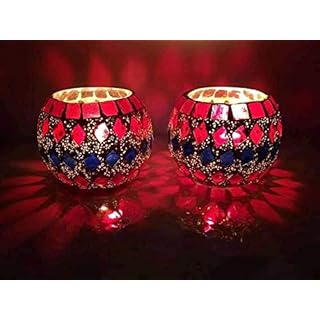 Zsquarehp Indian Hand Painted mosic tealight Candle Holder for Festival, Wedding & Home Decor Cup Candle Holder (Multicolor, Pack of 2)