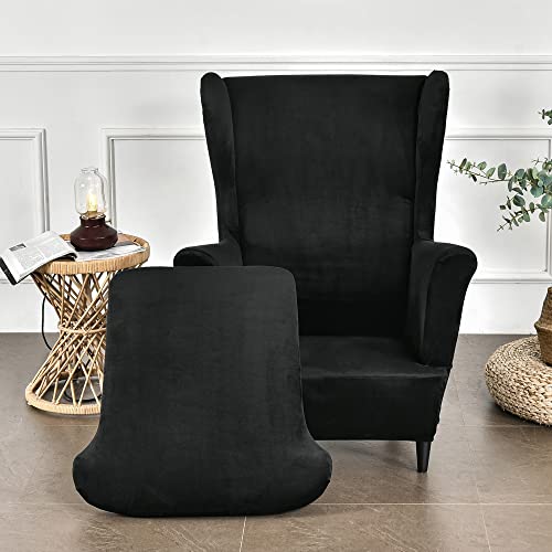 Highdi Wingback Chair Covers 2 Piece Stretch Wing Chair Slipcover, Fashion Solid color Velvet Strandmon Sofa Cover Furniture Protector for Armchair Chairs Living Room Bedroom Hotel (Black) - Image 3