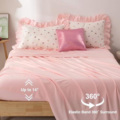 Image of A Nice Night Ruffle 6 Pcs Bed in a Bag Comforter Set,Creamy Background with Bow, Mushroom, Cherry & Butterfly Pattern - Colorful Wonderland Design Bedding Sets,Twin