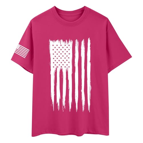 4th of July USA Independence Day T-Shirt Sommer Rundhals Kurzarm Baumwolle Print Tops Shirt Männer Sportshirts Streetwear Tee Shirt Print Tshirt atmungsaktiv kurzärmig, Rosa caliente., 4XL