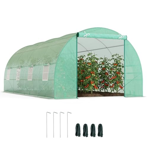 Outsunny Invernadero de Túnel 600x300x200 cm Invernadero de Jardín con Puerta Enrollable 8 Ventanas Cubierta PE 140g/m² y Tubo de Acero para Cultivos Plantas Verduras Verde
