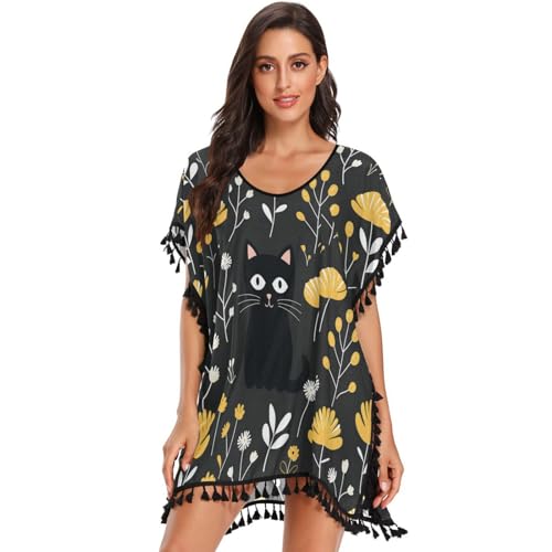 Black Cat Yellow Flower Women's Beach Cover Up Chiffon Tassel Swimwear Swimsuit Coverups for Girl