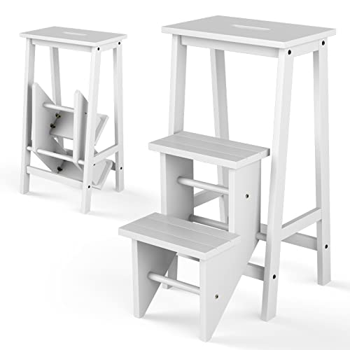 COSTWAY Taburete Plegable de 3 peldaños, Escalera Madera Multifuncional con Escalones Reversibles, Silla Escalera de Madera con Asa de Transporte, Escalera Portátil para Escalar (Blanco)