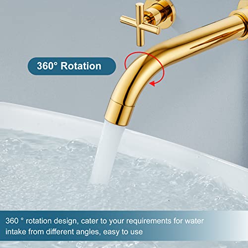 Wall Mount Bathroom Faucet Polish Gold Widespread 2 Cross Handles 3 Holes Vanity Sink Mixer Tap Brass Lavatory Basin Mixing Faucets With Rough In Valve Included 360 Degree Swivel Spout #TOP4