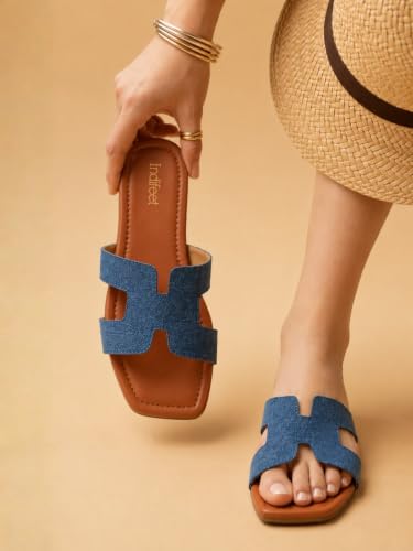Image of Indifeet Women's Trendy Design Flat Slippers | Summer Footwear, Casual Comfort, Stylish, Daily Wear, Fashion, Slip On Flats, Denim Style Upper, Medium Width