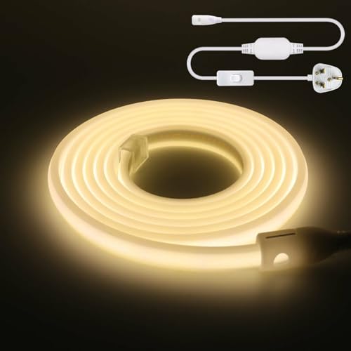 Wisada 220V COB LED Strip Light 5m, IP65 Waterproof Flexible, 288 LEDs/m FCOB LED Neon Strip with Switch, CRI90+, Indoor and Outdoor Lighting Decoration [Natural White Light 4000K]