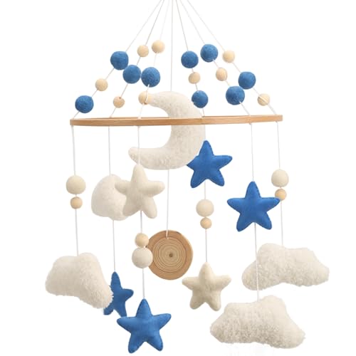 Mobile cloud pour berceau fait main en coton poétique avec lune et étoiles bleues