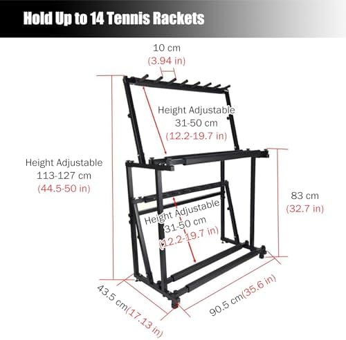 Tennis Racket Storage Rack for Adults Kids, Large Garage Driveway Backyar Tennis Training Equipment, Hold Up 14 Tennis/Badminton Racket, Black
