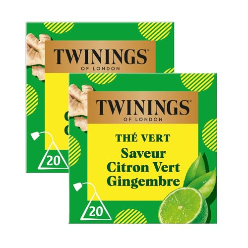 Twinings - Assortiment Découverte Vivifiant et Acidulé - Thé Vert Saveur Citron Vert, Gingembre - 40 Sachets - à Déguster Chaud ou Froid