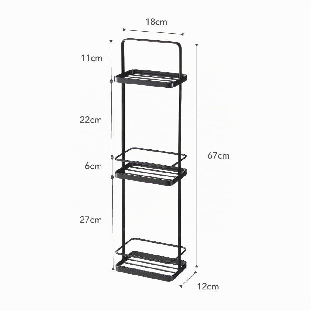 YAMAZAKI 6635 TOWER Estante de baño delgado de 3 niveles, negro, Acero, minimalista, 18 x 12 x 67 cm