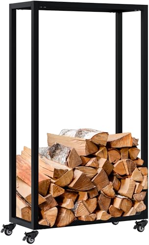 CLP Leñero metálico Interior con Ruedas Hilta, Soporte para Troncos de Metal Resistente, Almacenamiento de leña en el salón, Color:Negro, Tamaño:25x60x100 cm