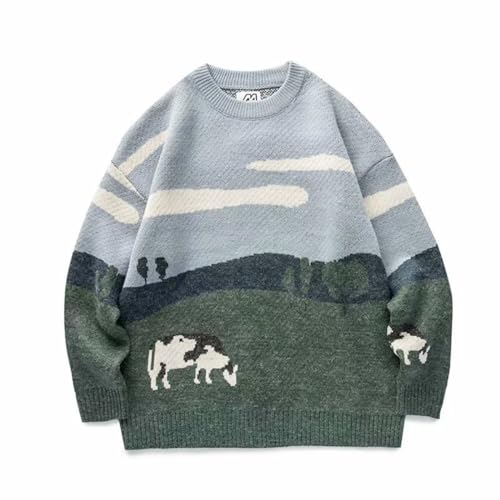 Men Vintage Cow Graphic Knit Sweater Japanese Kawaii Long Sleeve Pullover Sweatshirt Cute Preppy Anime Oversize Tops