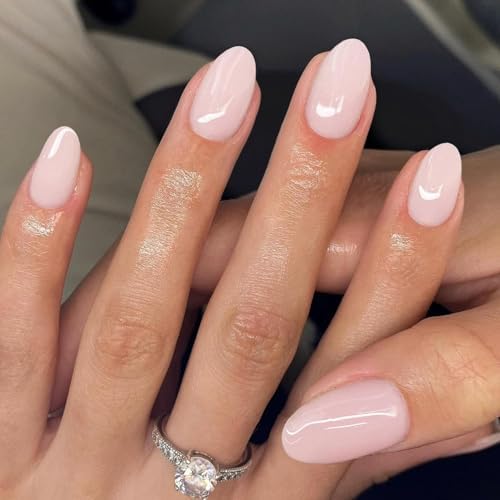 KQueenest Pastel Light Pink Press on Nails Short Oval, Glossy Soft Gel Fake Nails Press on, Extra Short Almond Fake Nails with UV Cover, Thick Acrylic Glue on Nails for Wome Wedding & Everyday 4 Pcs