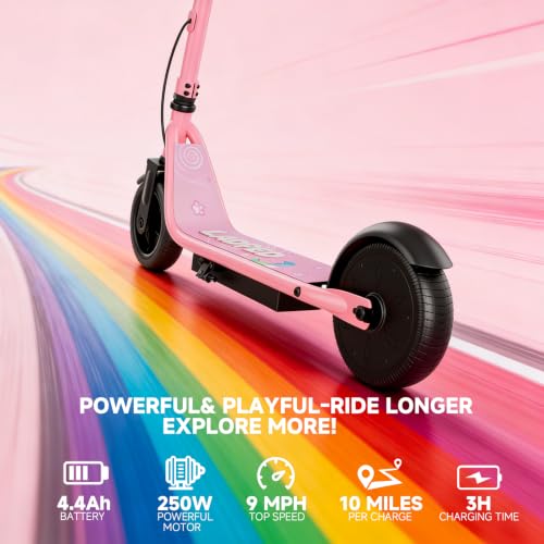 Image of Pink Electric Scooter for Kids Ages 6-12, 250W Motor, 9 MPH Top Speed, Up to 10 Miles Range, Kids E Scooter with LED Display, Dual Brake, 6.5 inch Solid Tires, 3 Speed Modes,UL2272 Certifed