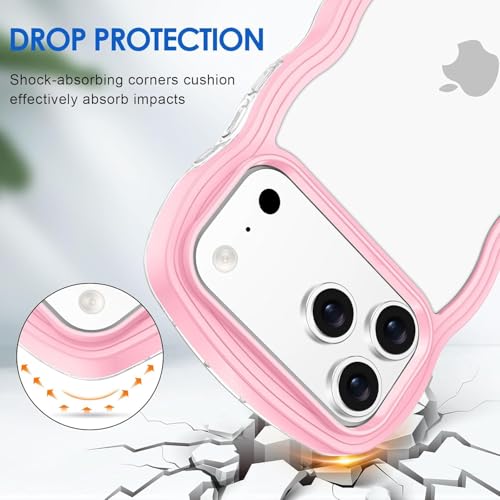 Image of GoldKart iPhone 17 Pro Case Wavy Edge Clear Back Design, Anti-Slip Grip Cute Wave Curly Frame Shape Shockproof Soft TPU & Hard PC Bumper Protective Phone Case Cover for Women Girls - Pink