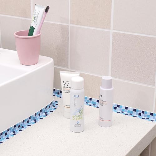 Image of 2 Rolls Caulk Tape for Bath and Kitchen, Self Adhesive Caulking Strip for Toilet Base, White Caulk Tape for Toilet Base, Bathroom Shower Sink Edge Protector 1.5 inch x 10.5 Ft (Mosaic)
