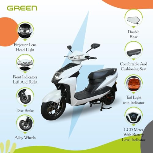 Image of Green Invicta Low Speed Electric Scooter Non RTO 80KM Range Lithium Battery with Portable Charger (White)