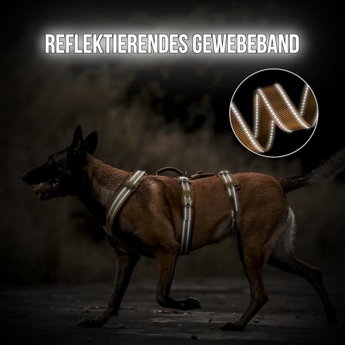 OneTigris Hundegeschirr, HOUNDLOCK Taktisches Geschirr Ausbruchsicher Einstellbar Weich Gepolstert Brustgeschirr mit 1 Griff, 2 D-Ringe und Reflektierend (Braun, M)