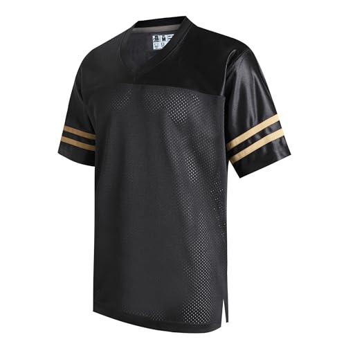 DEHANER Black Mens Football Jersey for Women Unisex Cool Casual Shirt Sports Game Retro Tops Workout Outfit Gold Stripe-Black Jersey Men Size Medium